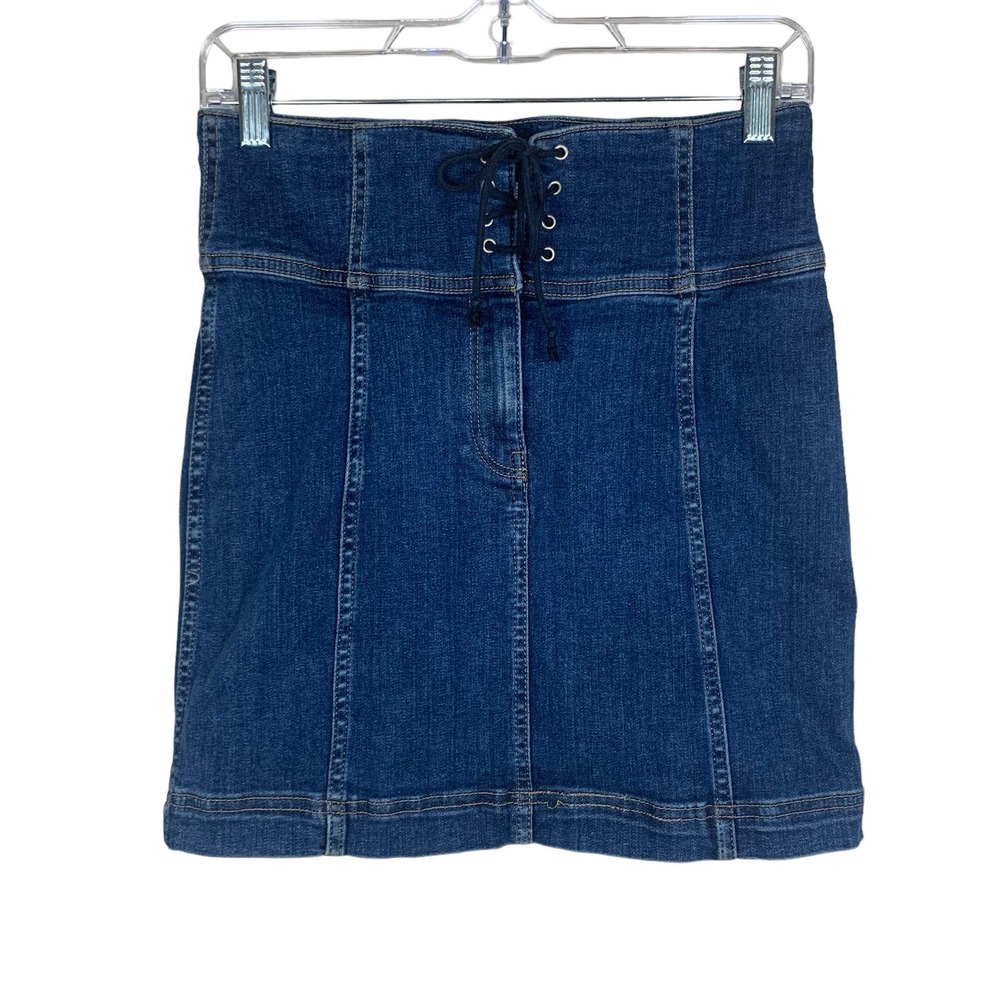 Free People Modern Femme Corset Denim Jean Skirt Mini Lace Up Stretchy Women's 6
